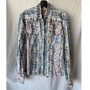 100% Cotton Moda Tech Snap Front Shirt Blue Floral Patchwork Western Coastal XL
